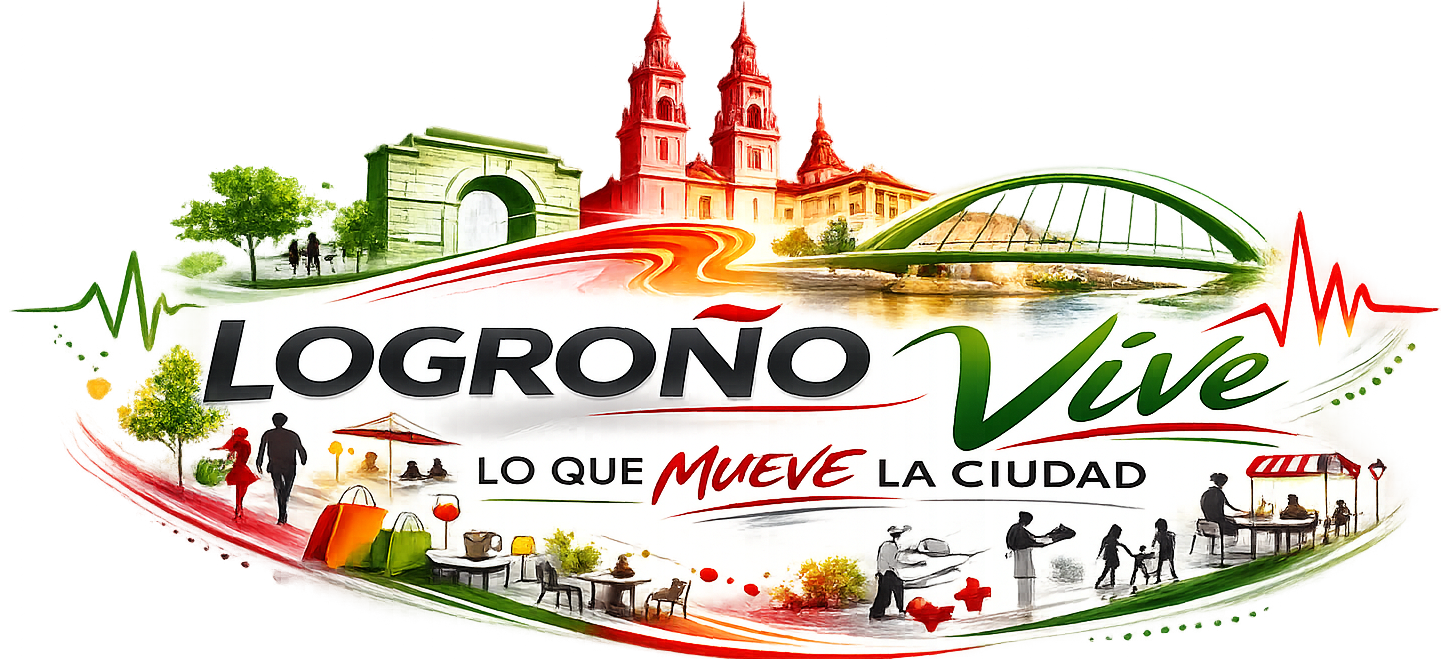 Logotipo de Logroño Vive con skyline de la ciudad y línea de latido integrada